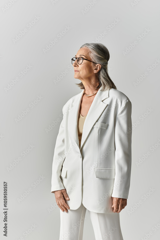 A beautiful mature woman with grey hair poses confidently in a chic white suit, exuding elegance and style. A beautiful mature woman with grey hair poses confidently in a chic white suit, exuding elegance and style.