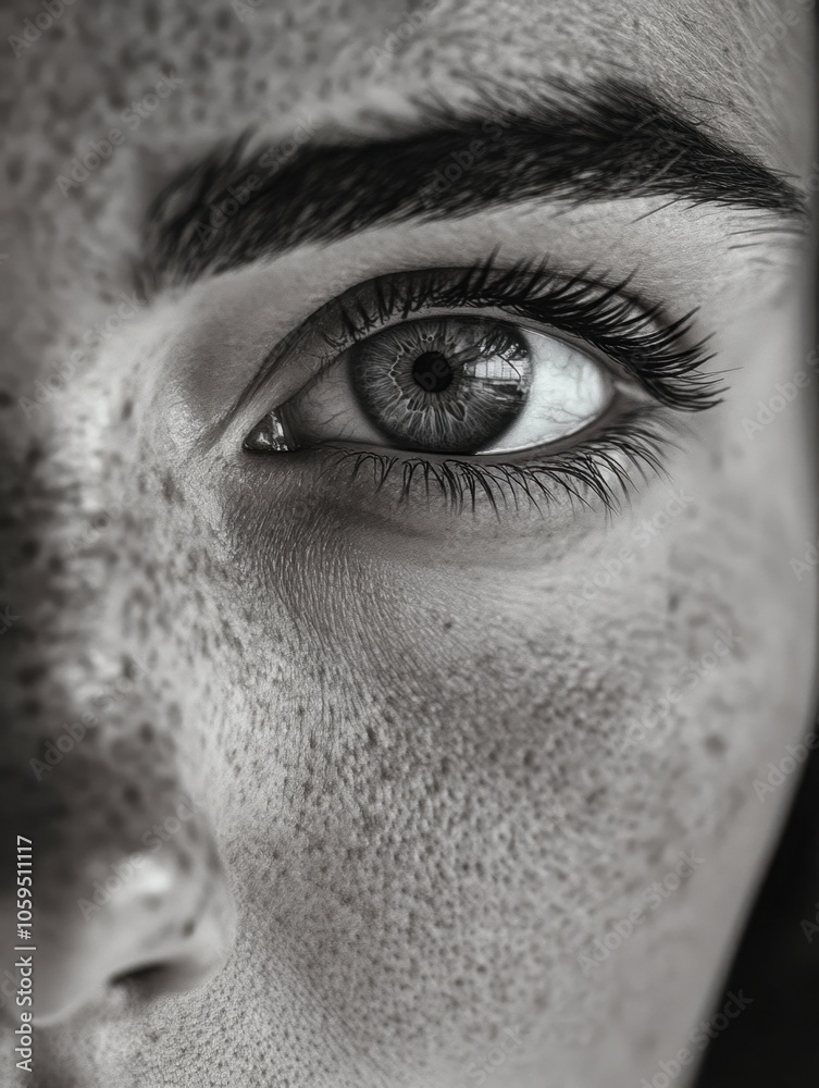Naklejka premium Close-up of a person with striking eyes, highlighting freckles and eyeliner