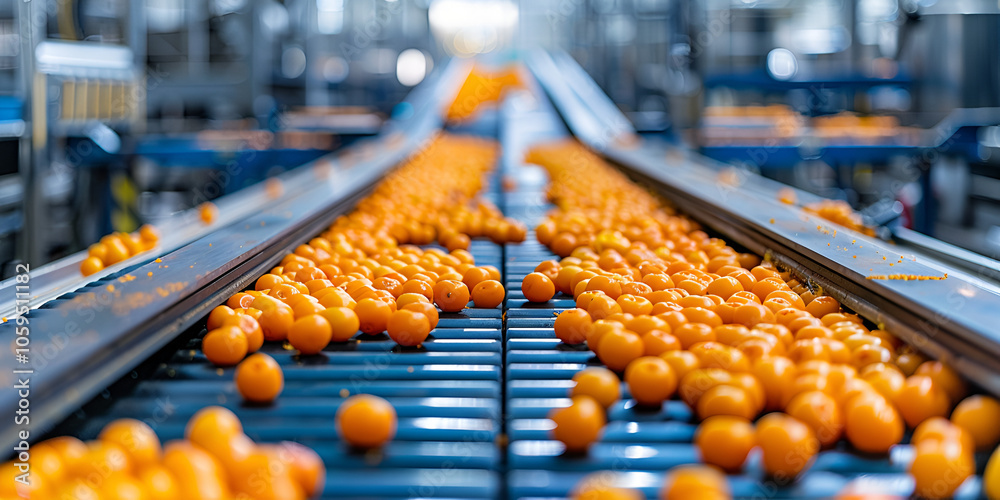 Fototapeta premium Production Line with Oranges on Conveyor Belt in Factory, Automated Fruit Sorting Line in Food Processing Plant