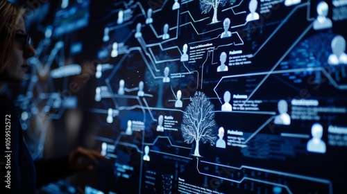 Businesswoman is analyzing a digital family tree displayed on a large interactive touchscreen. The tree is made of glowing lines and nodes representing people and their relationships photo