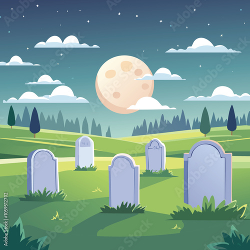 Flat illustration of cemetery view at night