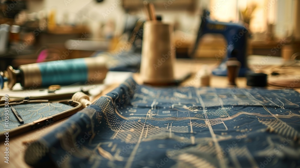 Fototapeta premium Fabric with a printed pattern lying on a table in a textile workshop, with spools of thread, an embroidery hoop, and a sewing machine in the background