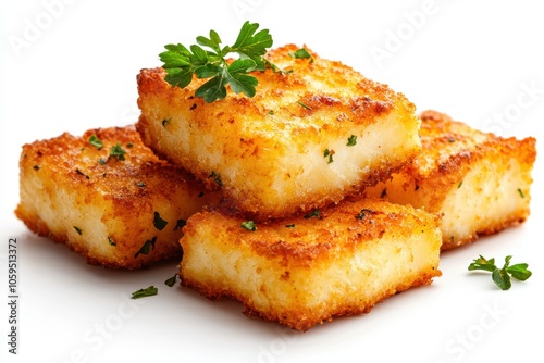 Crispy golden-brown potato squares garnished with fresh parsley, Perfect for food blogs, menus, or culinary advertisements showcasing delicious snack options for eager customers, photo