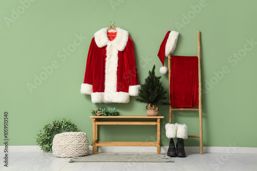 Santa Claus suit on hanger,...