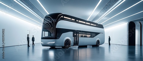 Futuristic double decker bus in a modern white and gray space.