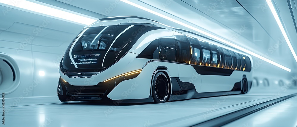 Fototapeta premium Futuristic electric bus driving through a white tunnel.