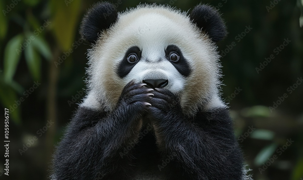 Obraz premium A baby panda is hiding its face behind its paws. The panda is looking at the camera with a surprised expression
