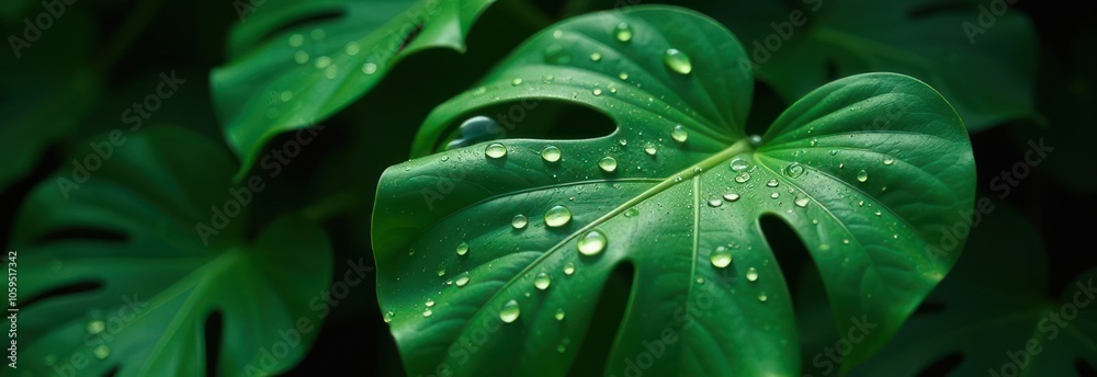 Obraz premium A close-up view of vibrant green leaves adorned with delicate dew drops.