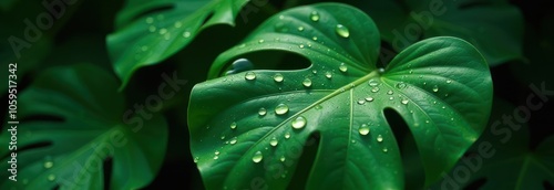 A close-up view of vibrant green leaves adorned with delicate dew drops.