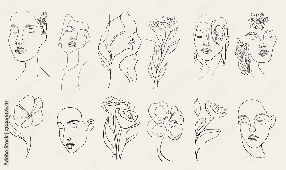 Fototapeta premium A set of abstract flowers and a woman's face and body painted in a one-line style. Concept of beauty and fashion for women.