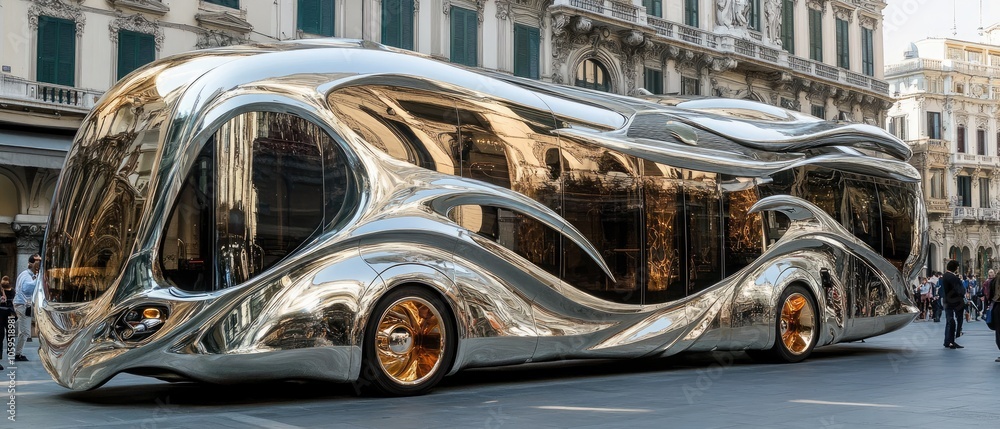 Fototapeta premium Futuristic silver vehicle with gold wheels parked on city street.