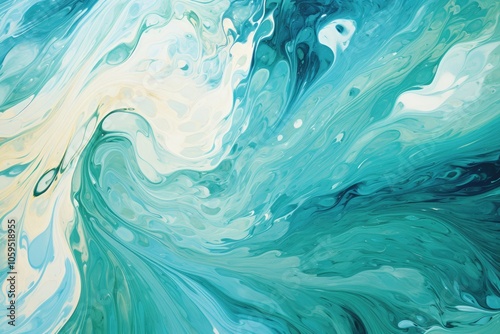 Abstract fluid art in turquoise and white tones with wave-like patterns. Oceanic and calming background. Design for wallpaper, poster, print, banner. photo