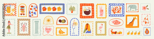 Retro hand drawn tropical summer shape set. Jungle nature illustration collection. Vintage exotic clip art of palm tree, fruit and hawaiian dancer. Geometric patchwork mosaic style element bundle.