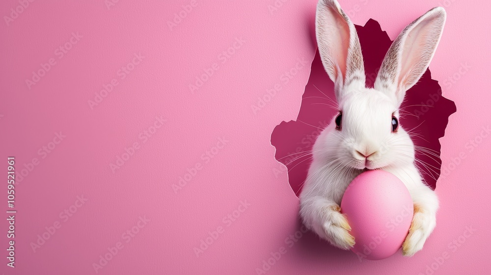 Fototapeta premium Cute Rabbit with Pink Egg on Pink Background