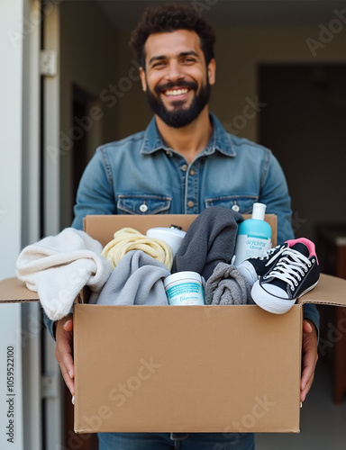 Man holds donation box with clothes, shoes, and hygiene products for charity event donations to help those in need locally.