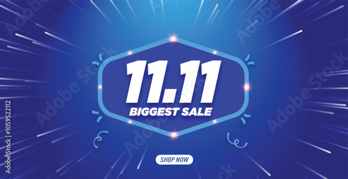"11.11 Biggest Sale" Shopping Banner or Poster Design with a Blast Effect on a blue background. Banner for social media posts, website promotions, and Campaigns. 