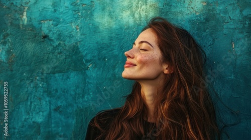 Serene woman with freckles against a textured blue backdrop