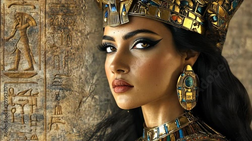 A woman wearing an ornate golden crown and jewelry looks directly at the camera, standing in front of an ancient Egyptian wall
