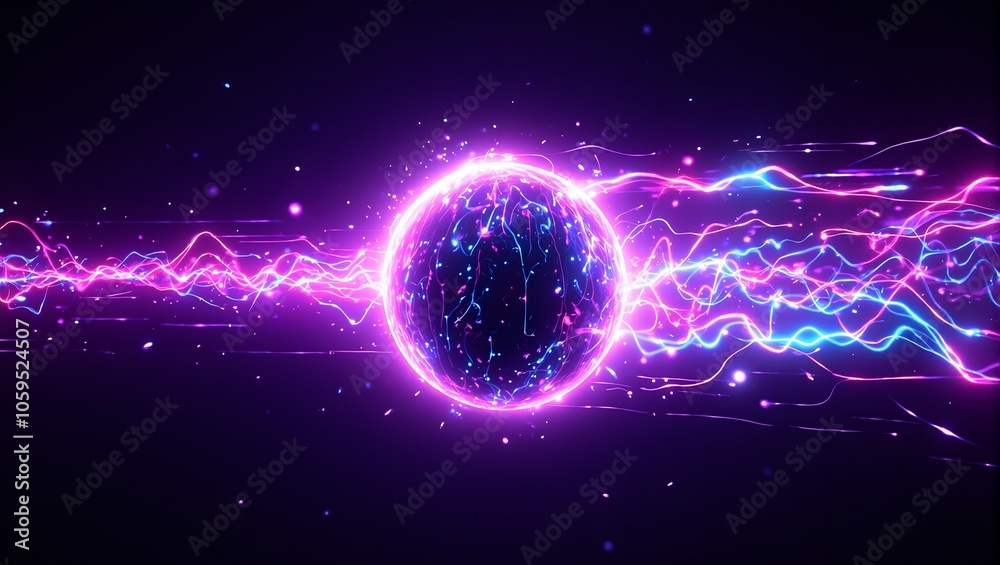 Fototapeta premium Energetic neon dodgeball glowing in purple and pink leaving light streaks