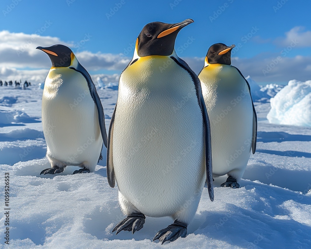 Fototapeta premium Three penguins standing on a snowy surface. One of them is looking at the camera. The scene is peaceful and serene