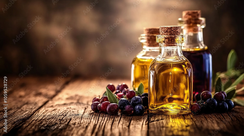 Golden Essence: Olive Oil and Berries on Rustic Wood Golden Essence: Olive Oil and Berries on Rustic Wood
