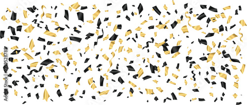 Decorative golden and black confetti with ribbons on transparent background. Golden black confetti fluttering down in celebration.