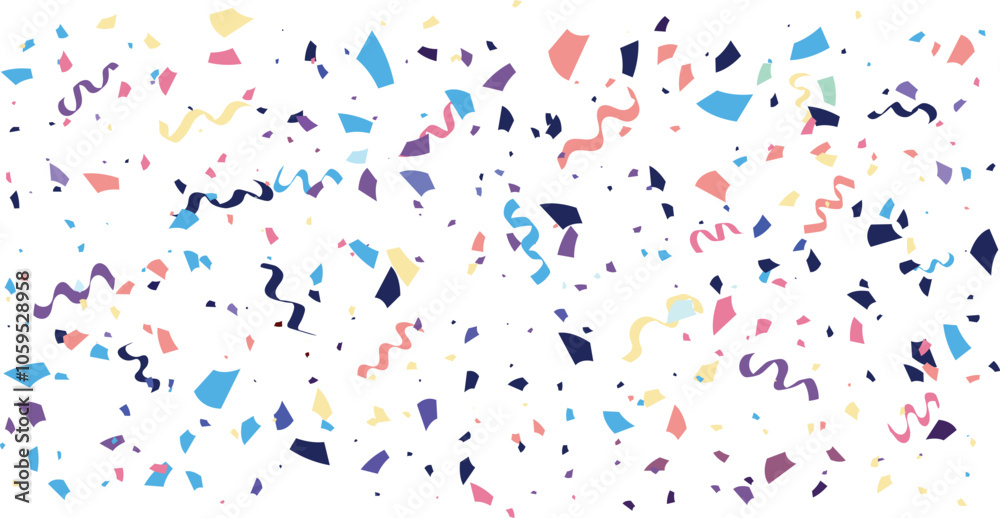 Fototapeta premium Colorful paper confetti exploding with curly ribbons, falling colorful confetti on transparent background, festive overlay.