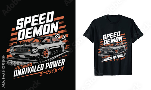 Speed Demon T-Shirt Design – Bold Graphic Showcasing a Classic Racing Car with Checkered Flags, Celebrating Unrivaled Power and Performance, Perfect for Motorsports Enthusiasts, Ready to Print