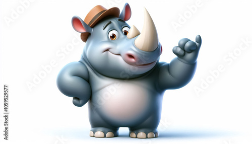 3D rhino funny cartoon on white background
