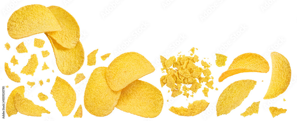 Naklejka premium Potato chips isolated on white background with full depth of field. Top view with copy space for your text. Flat lay.