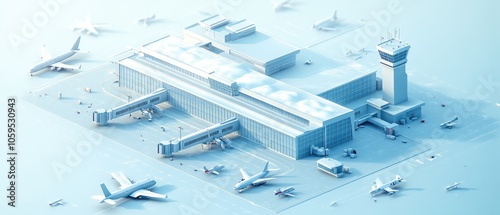 Minimalist 3D rendering of a modern airport with airplanes on the tarmac.