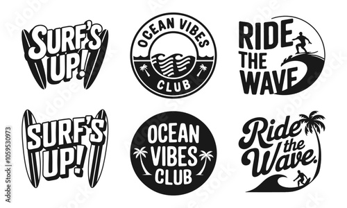 Surf's Up T-Shirt Design Collection – Vibrant Graphics Featuring Catchy Phrases and Coastal Imagery Like 'Ocean Vibes' and 'Ride the Wave,' Perfect for Surfing Enthusiasts and Beach Lovers