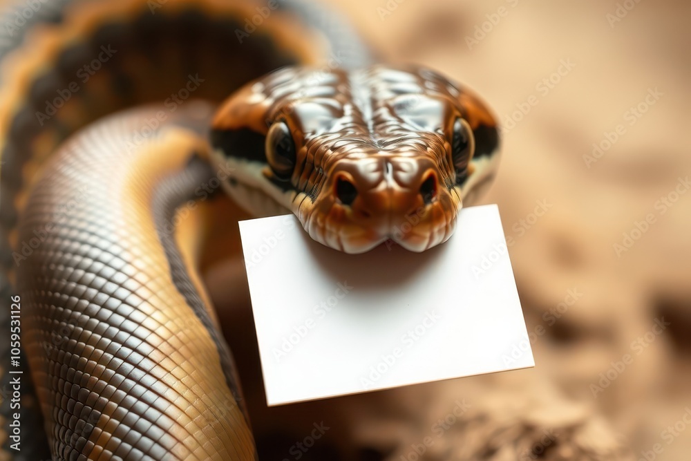 Fototapeta premium Snake holding a white card in its mouth, smooth shiny scales, curious expression, softly blurred background, high detail, perfect for exotic pet photography and unique animal theme