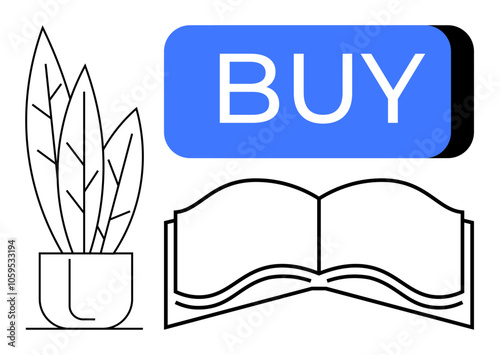 Open book, potted plant, and large blue BUY button. Ideal for education, online shopping, e-commerce, digital reading, book sales, marketing, school. Line metaphor
