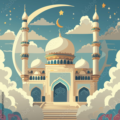 Illustration of a magnificent mosque with an Islamic concept