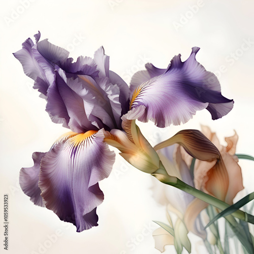 beautiful soft  peach-purple  iris flowers  against abstract soft peach  color background.  Digital art . Ai generated photo