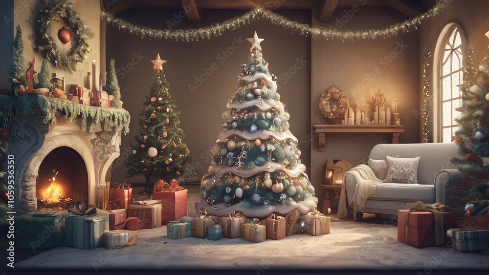 Fototapeta premium Indoor decorated christmas tree with wrapped present boxes