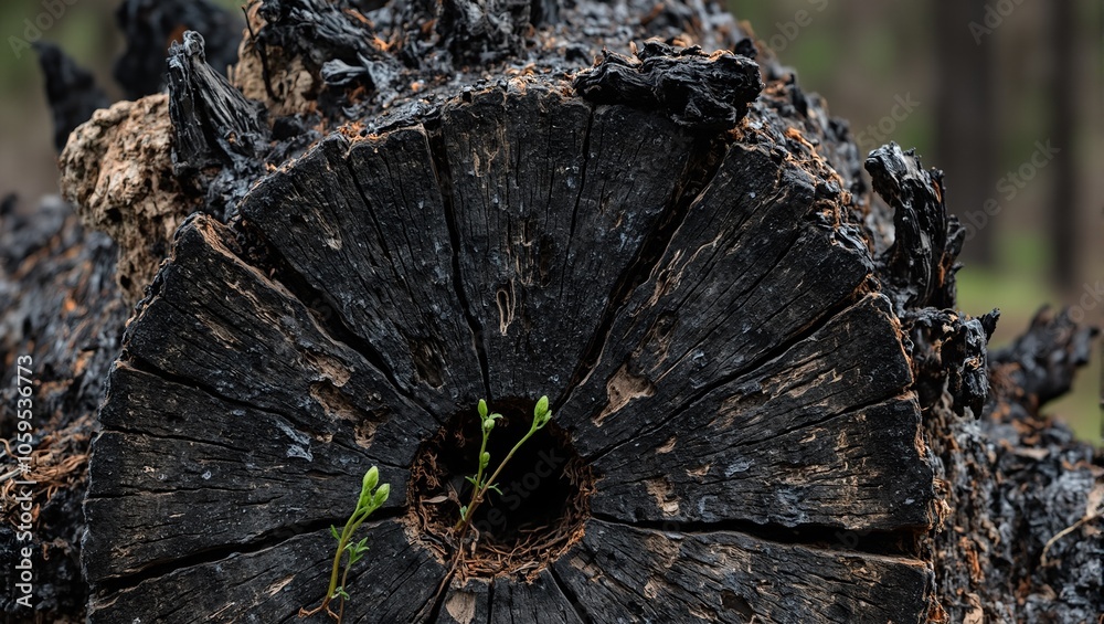 Fototapeta premium Resilient green shoots emerging from charred tree trunk after fire