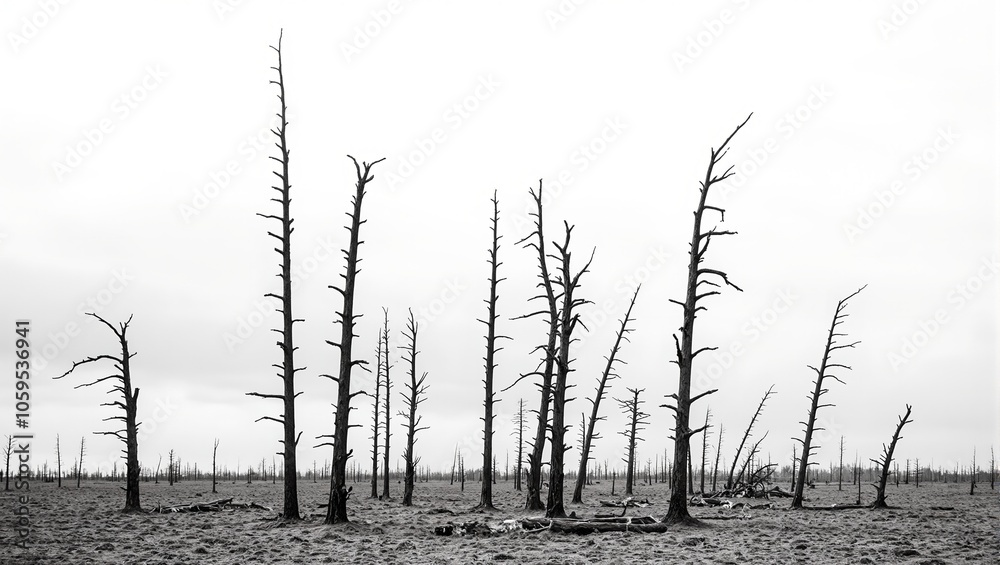 Fototapeta premium Eerie landscape with twisted trees on barren ground under gray skies
