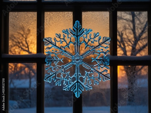 A Detailed Shot of a Frosted Windowpane with Snowflake Patterns photo