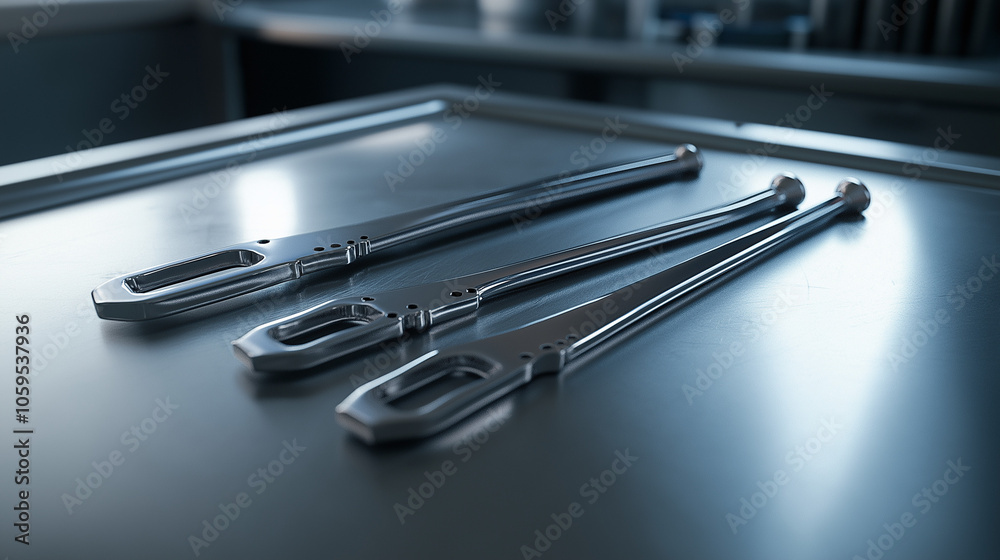 Pair of Different Medical Clamps with Straight and Curved Tips on Stainless Steel Table, Highlighting Reflective Surface and Precision Layout for Surgical Use Pair of Different Medical Clamps with Straight and Curved Tips on Stainless Steel Table, Highlighting Reflective Surface and Precision Layout for Surgical Use