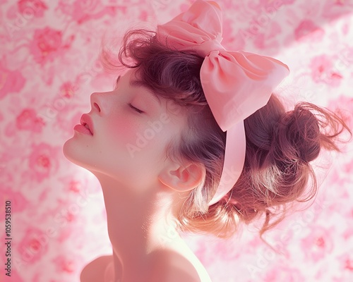 young woman with a pink bow in her hair against the background of vintage wallpaper photo