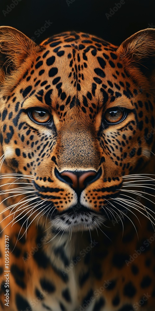 Obraz premium A close up of a leopard's face with its eyes open. The image is in black and white