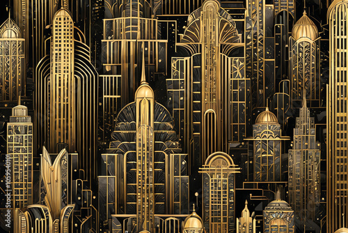 Art deco skyscraper cityscape in graphic style