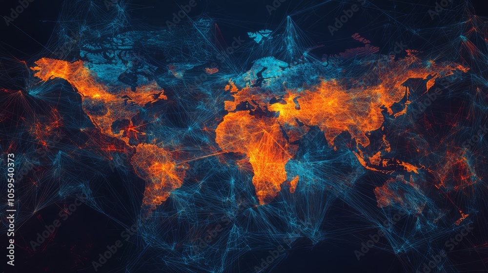 Fototapeta premium A stylized world map with vibrant colors and lines connecting continents.