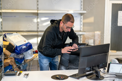 Package shop employee arranging parcels and packages photo