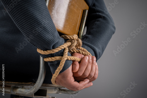 Quadro su tela kidnapped man's hands tied with rope, criminal concept