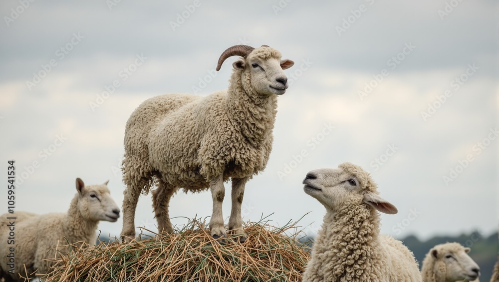 Fototapeta premium Eloquent sheep atop haystack inspiring flock below with dramatic wool