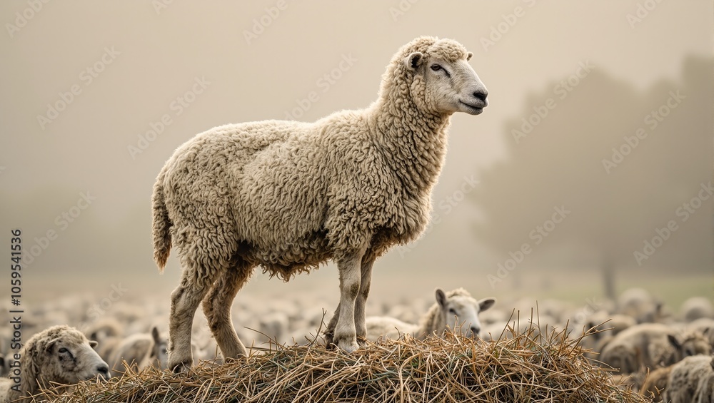 Fototapeta premium Eloquent sheep atop haystack inspiring flock below with dramatic wool