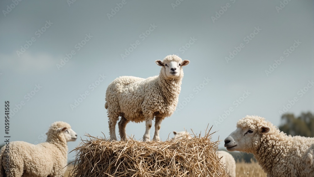 Fototapeta premium Eloquent sheep atop haystack inspiring flock below with dramatic wool